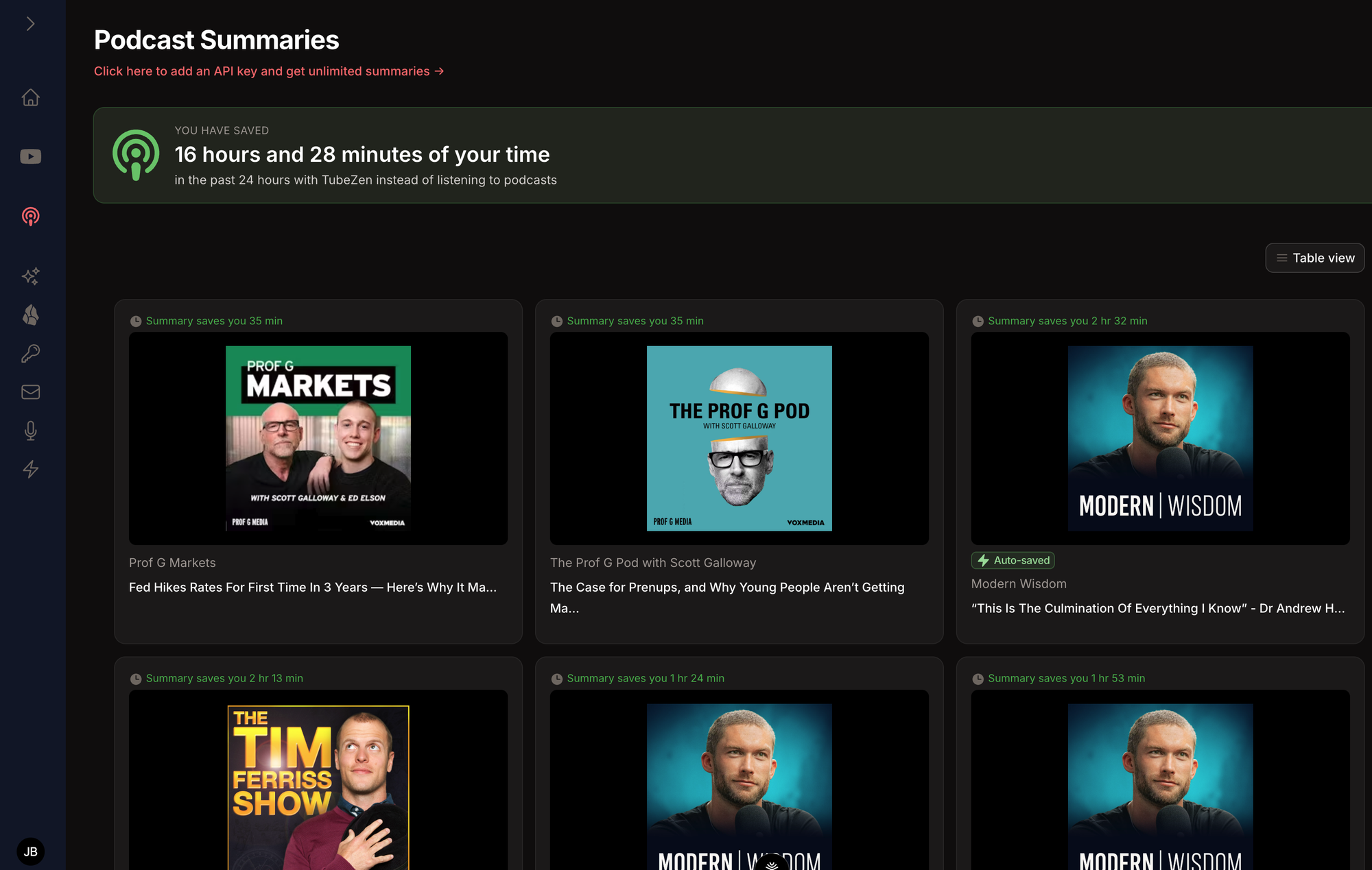 The TubeZen podcast inbox, showing hours saved and new episode summaries with the time each one saved