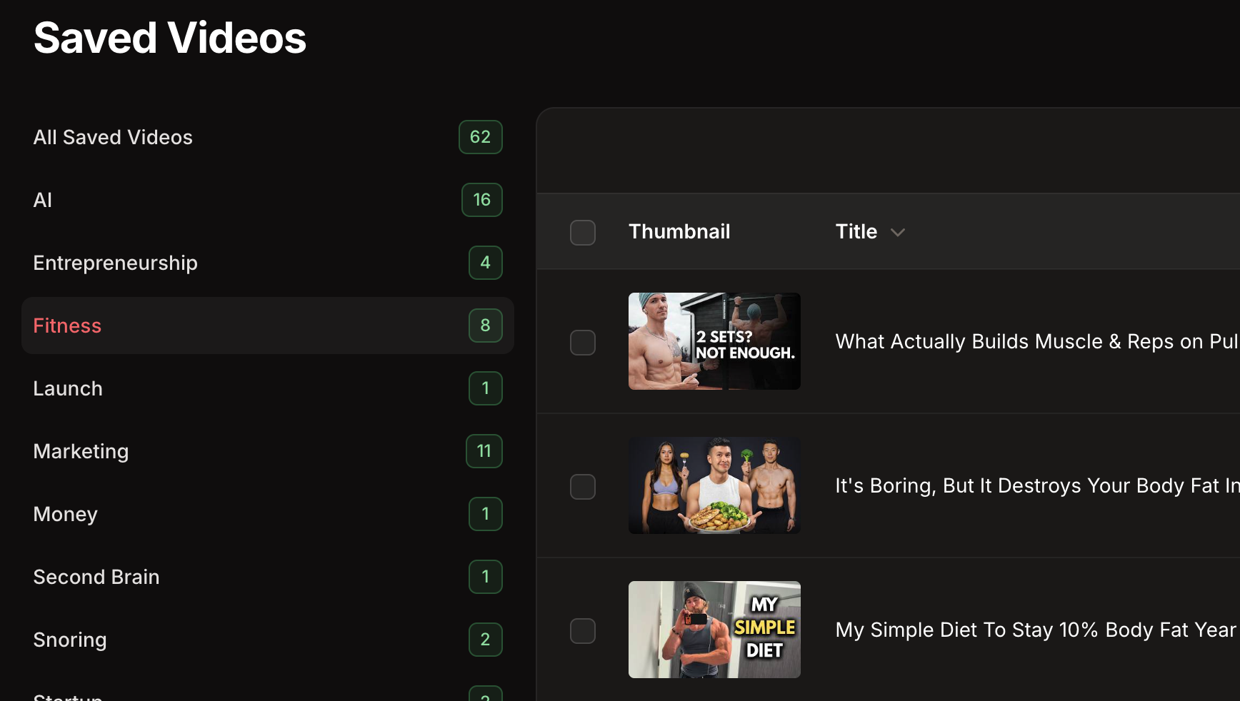 Imported videos filed under a category in the TubeZen library