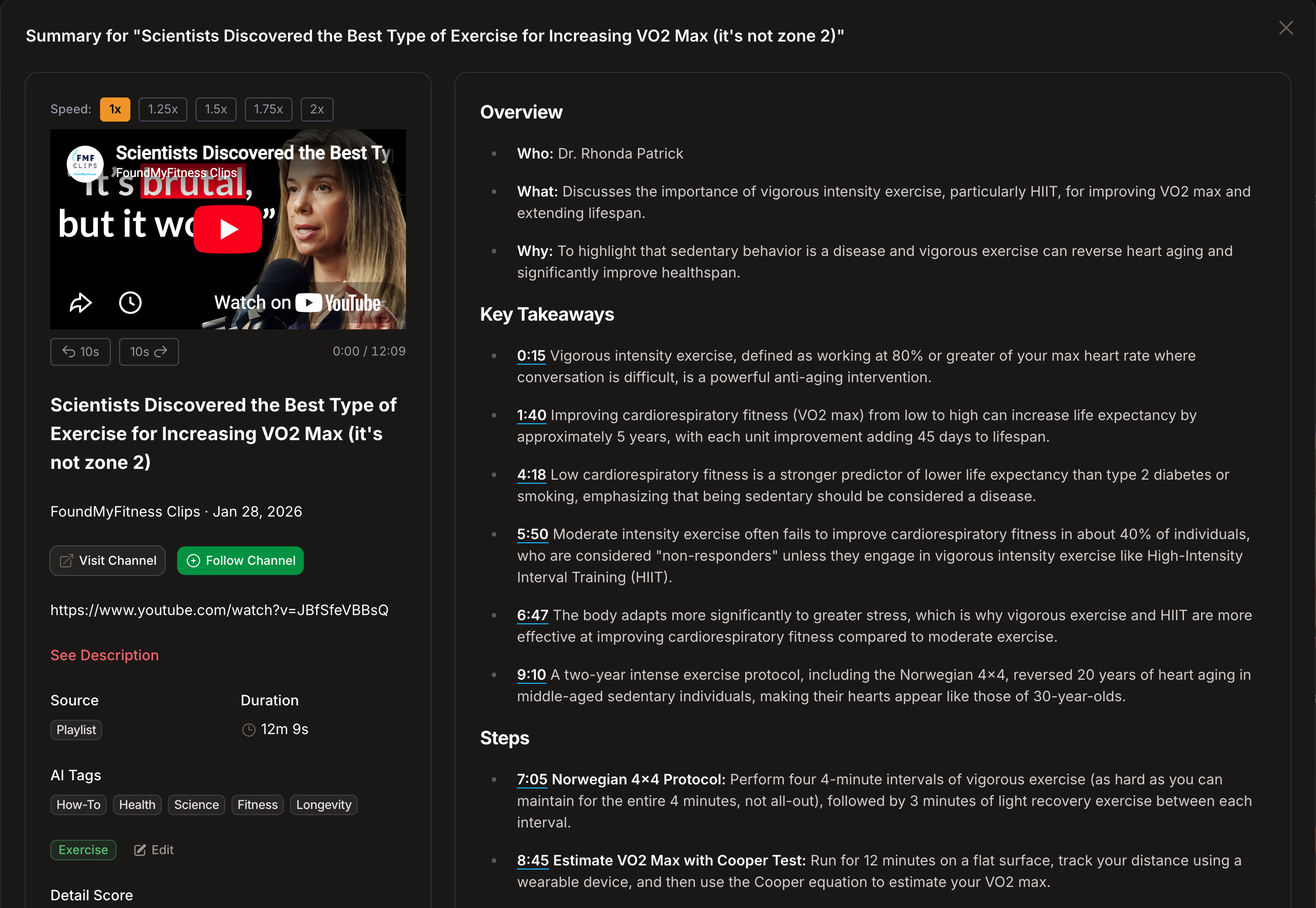 A TubeZen summary showing the overview, timestamped key takeaways, AI tags and detail score beside the built-in player