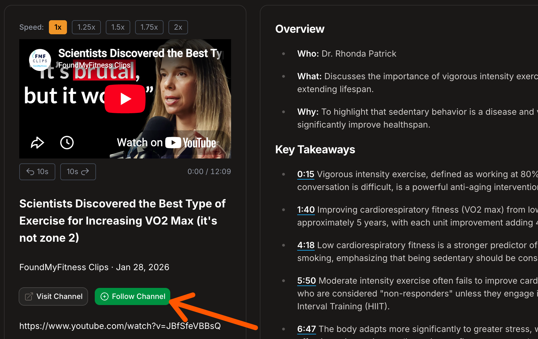 Follow a channel from a video summary
