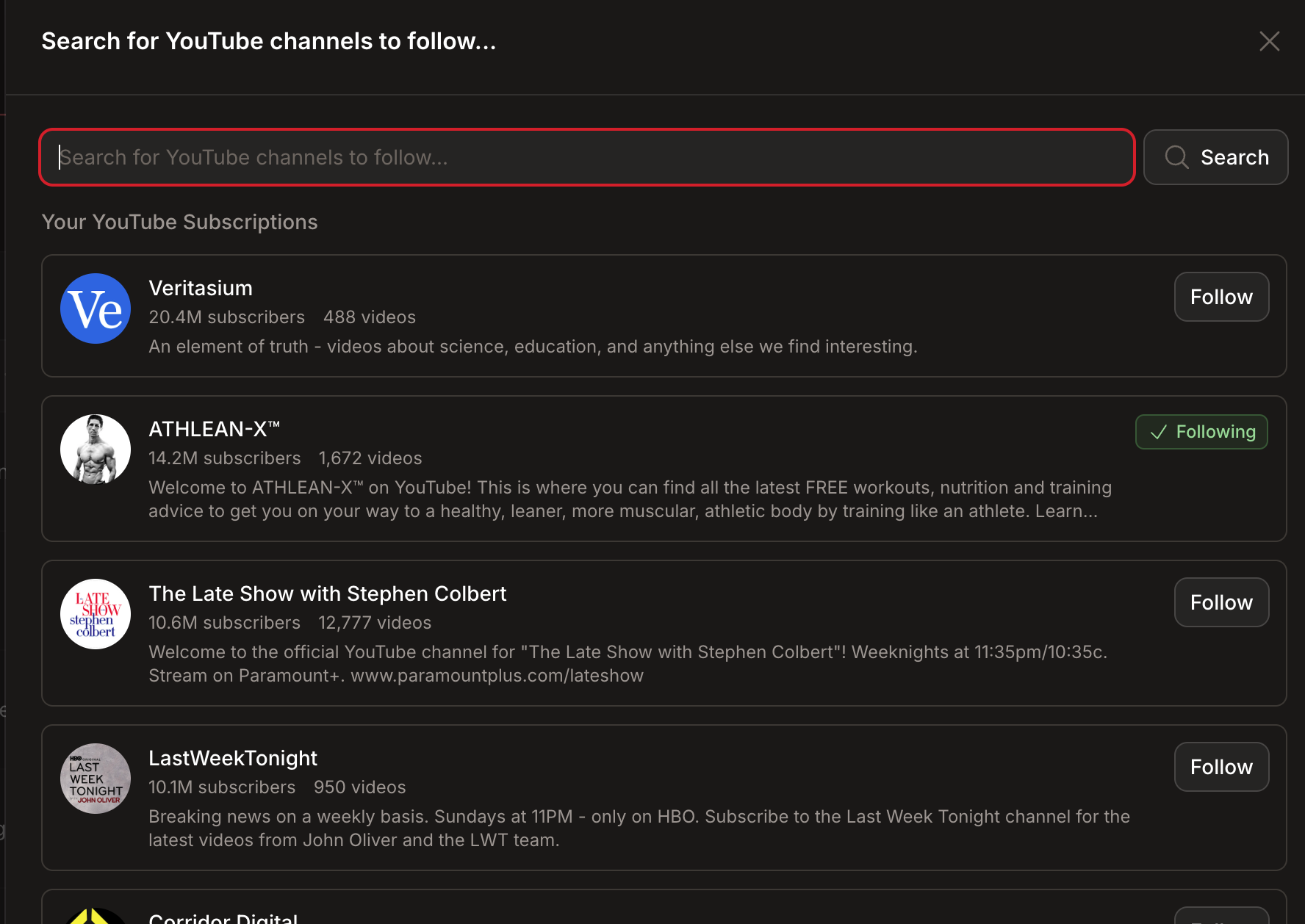 Searching for YouTube channels to follow inside TubeZen