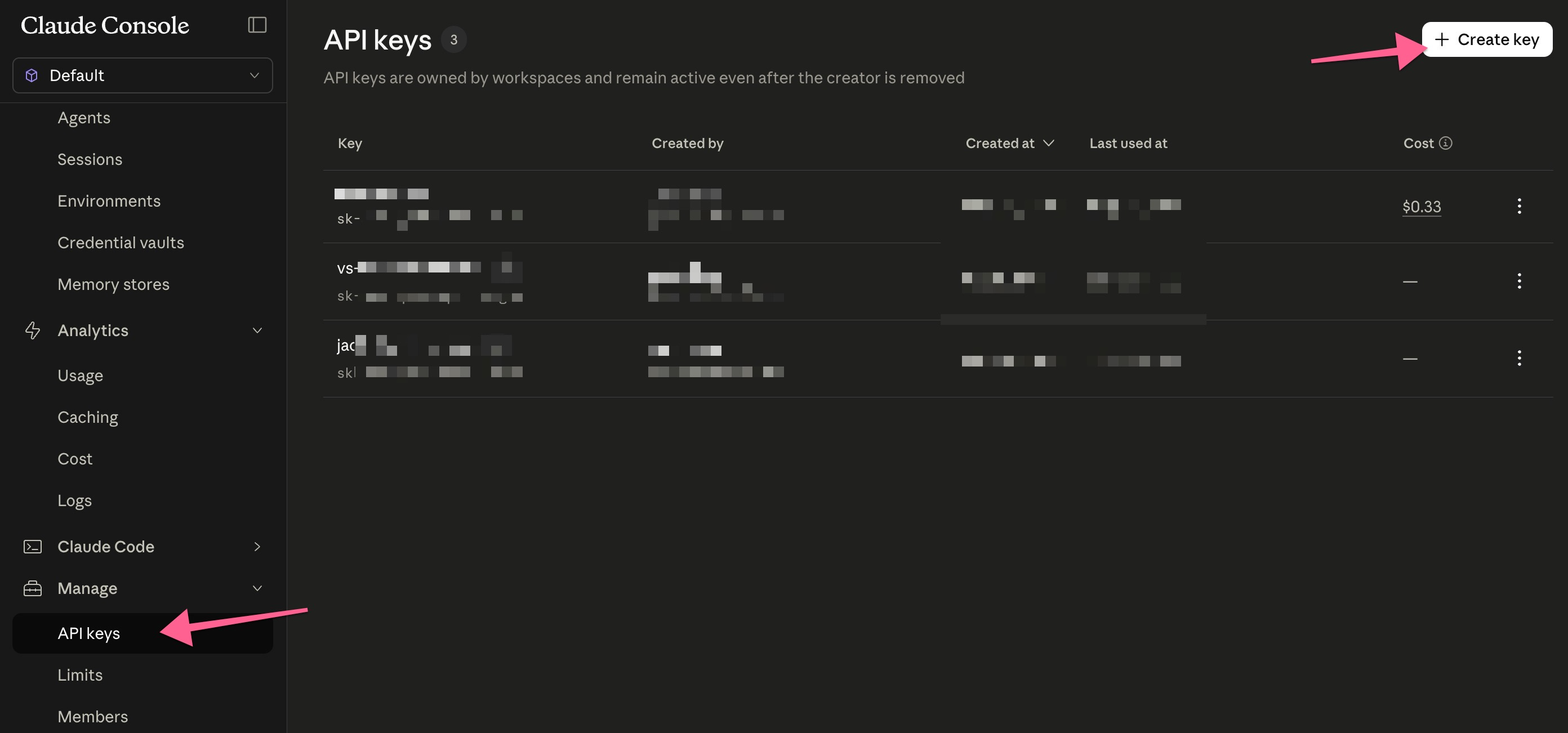 Claude Console API keys page with the Create key button