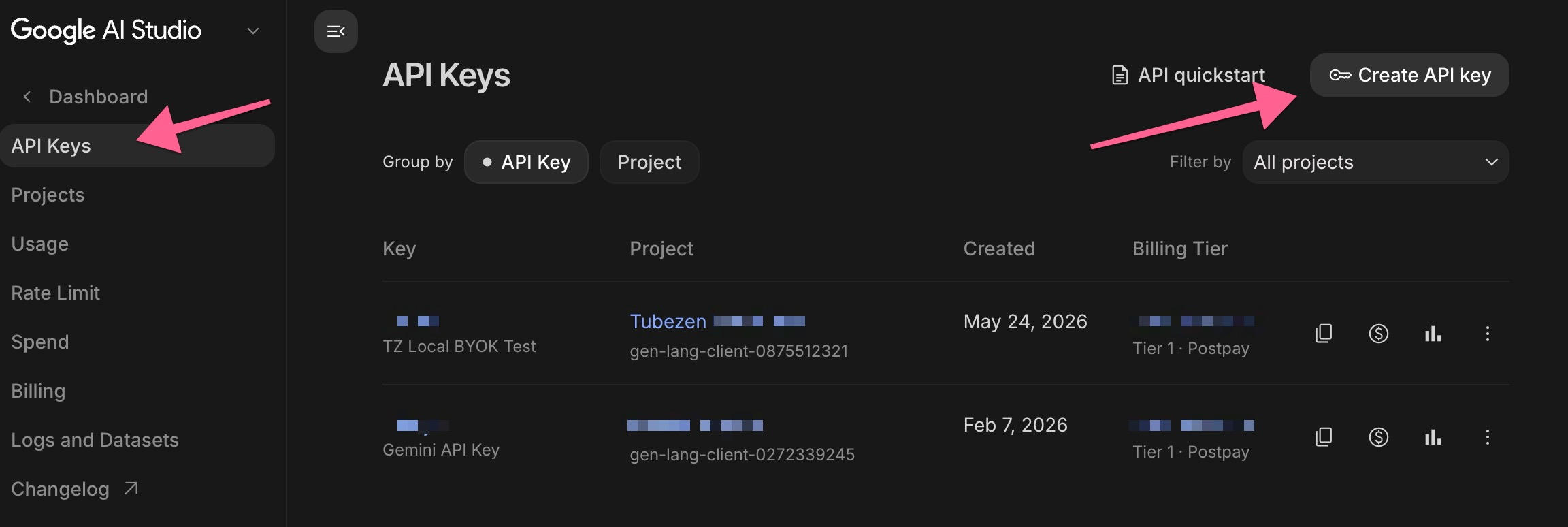 Google AI Studio API Keys page with the Create API key button