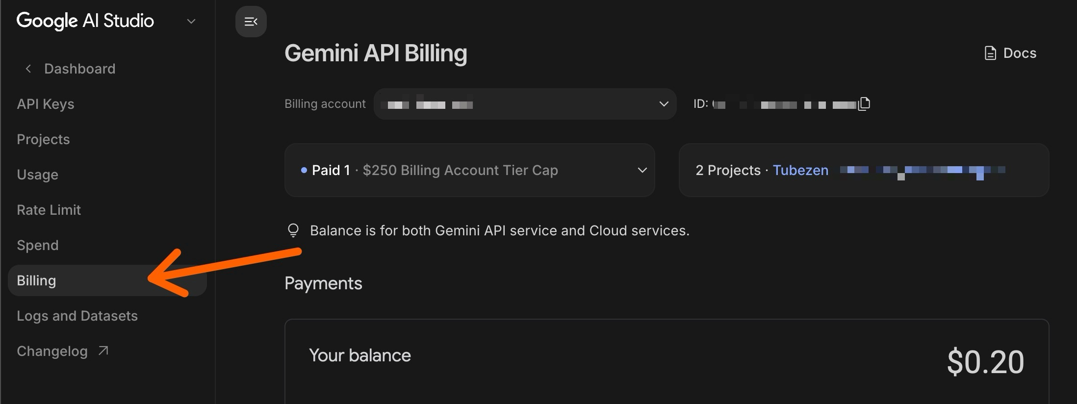 Gemini API Billing page in AI Studio