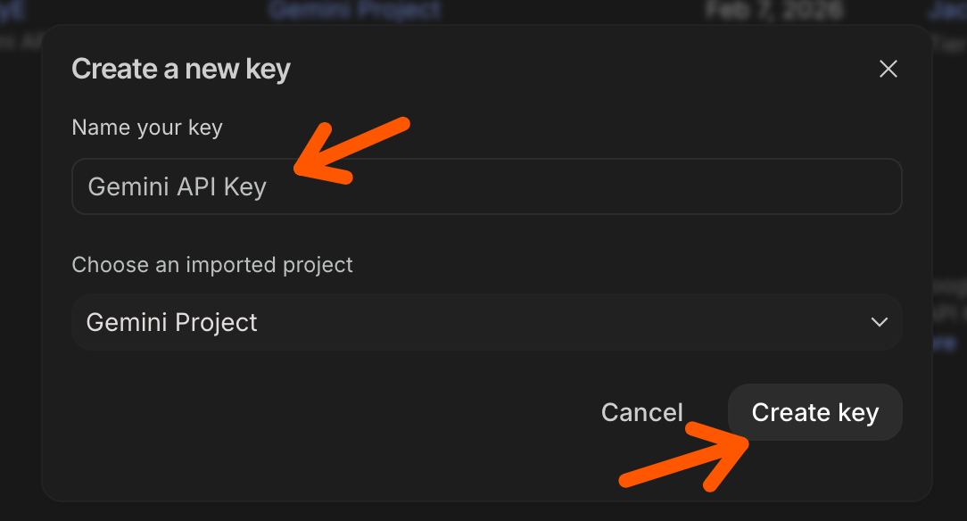 Naming a new Gemini key and clicking Create key