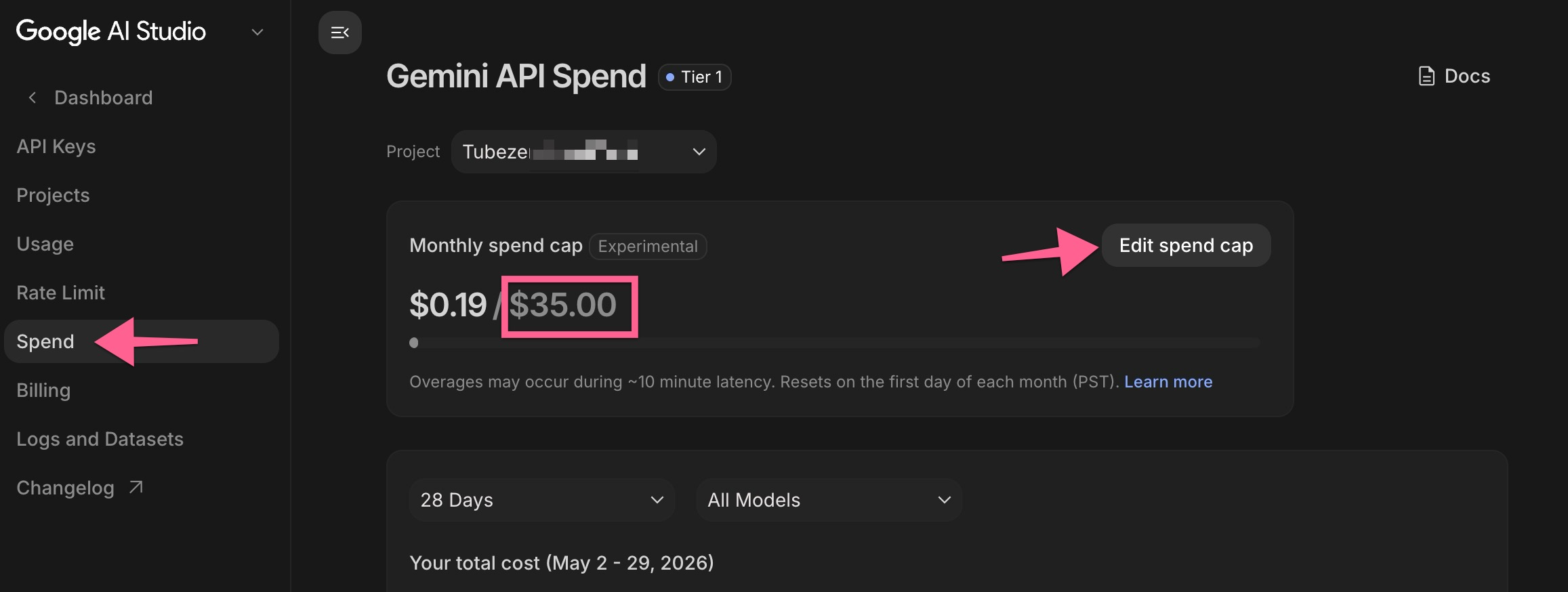 Setting the monthly spend cap to $35 on the Gemini API Spend page
