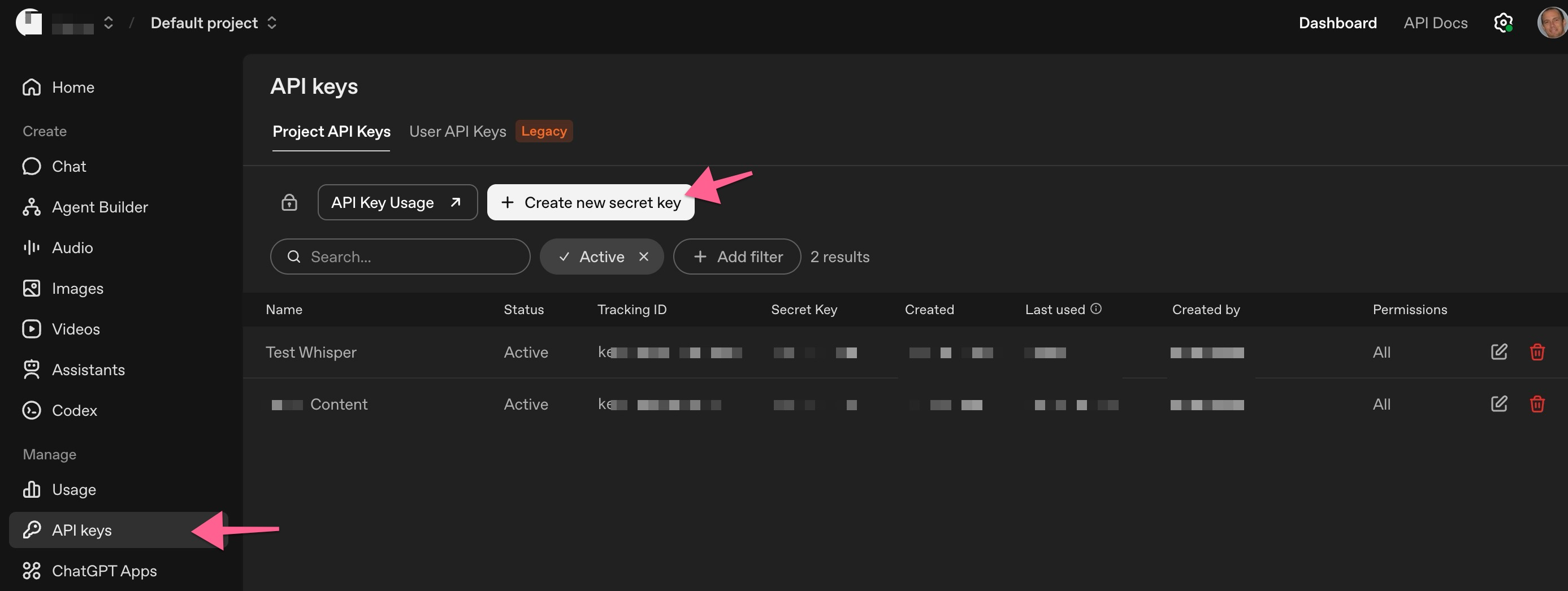 OpenAI API keys page with the Create new secret key button