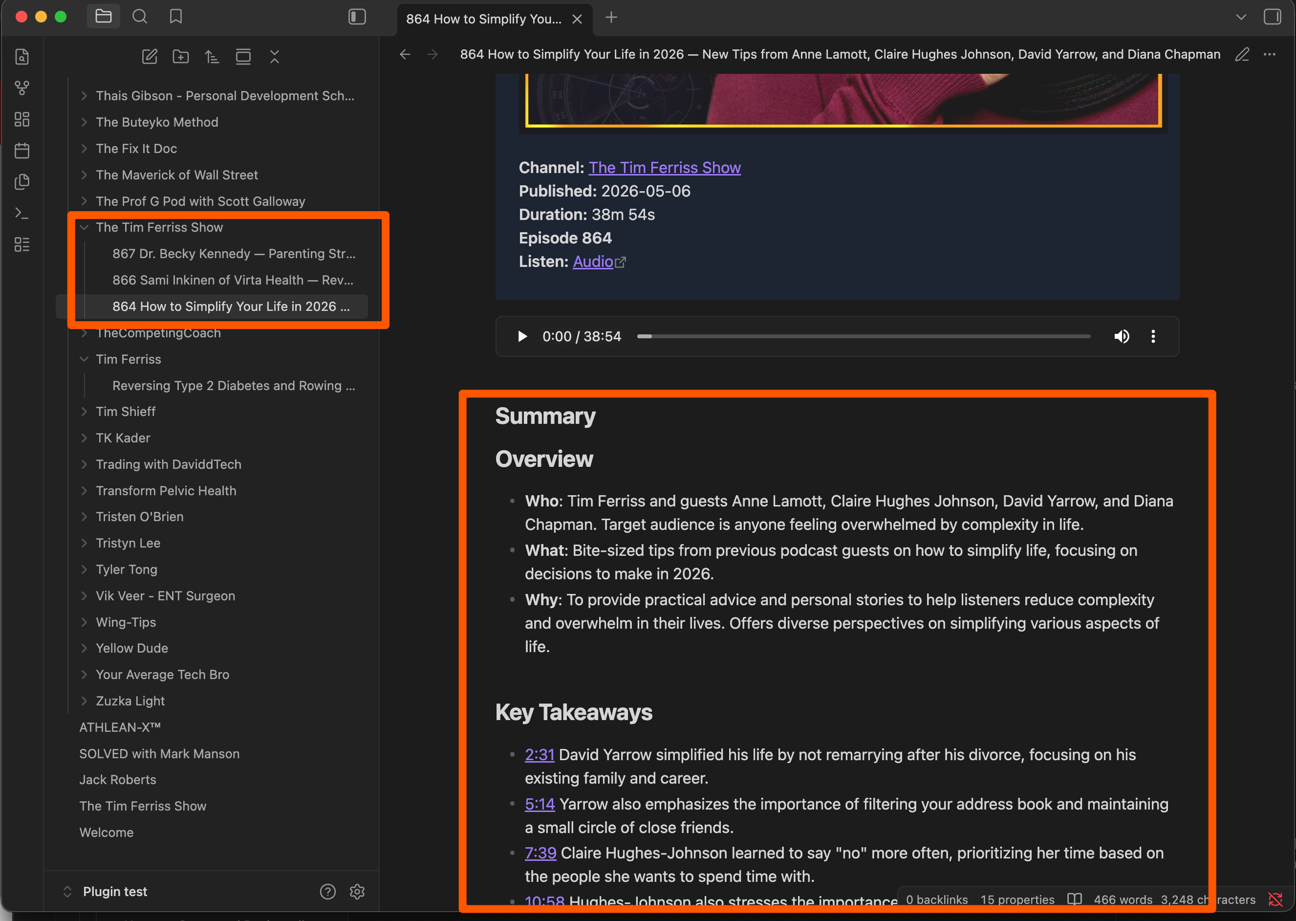 Podcast and video summaries grouped by show inside an Obsidian vault
