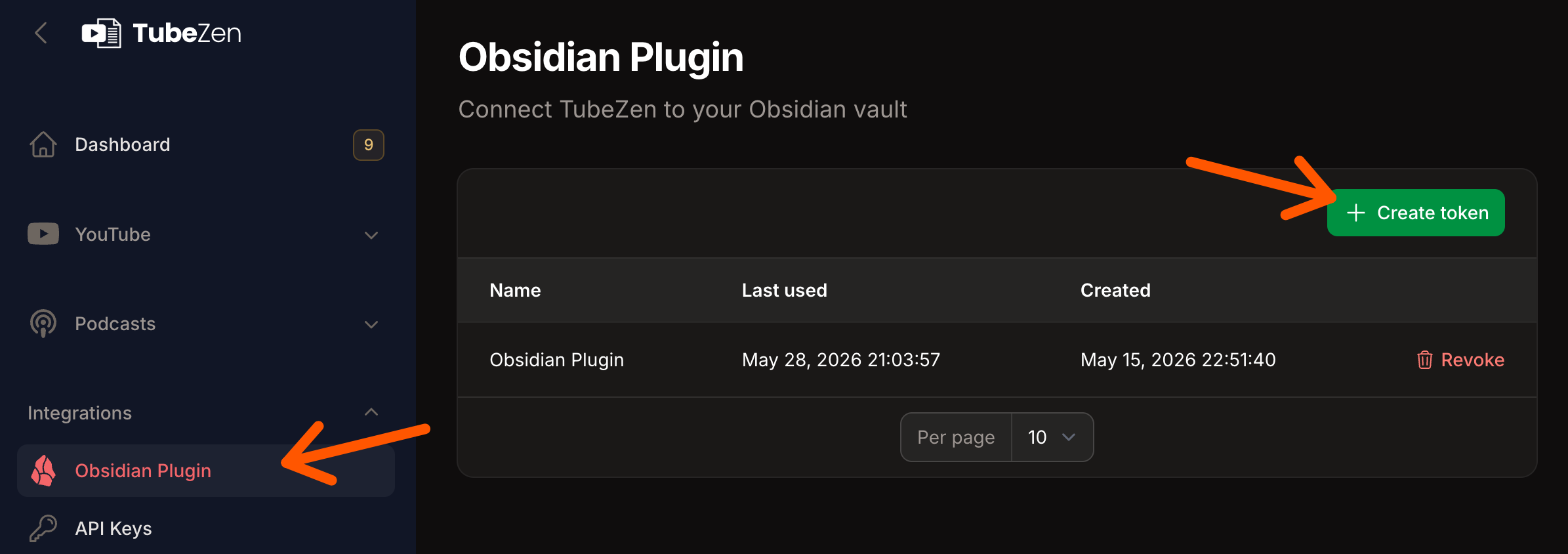 Creating a token on the Obsidian Plugin page in TubeZen