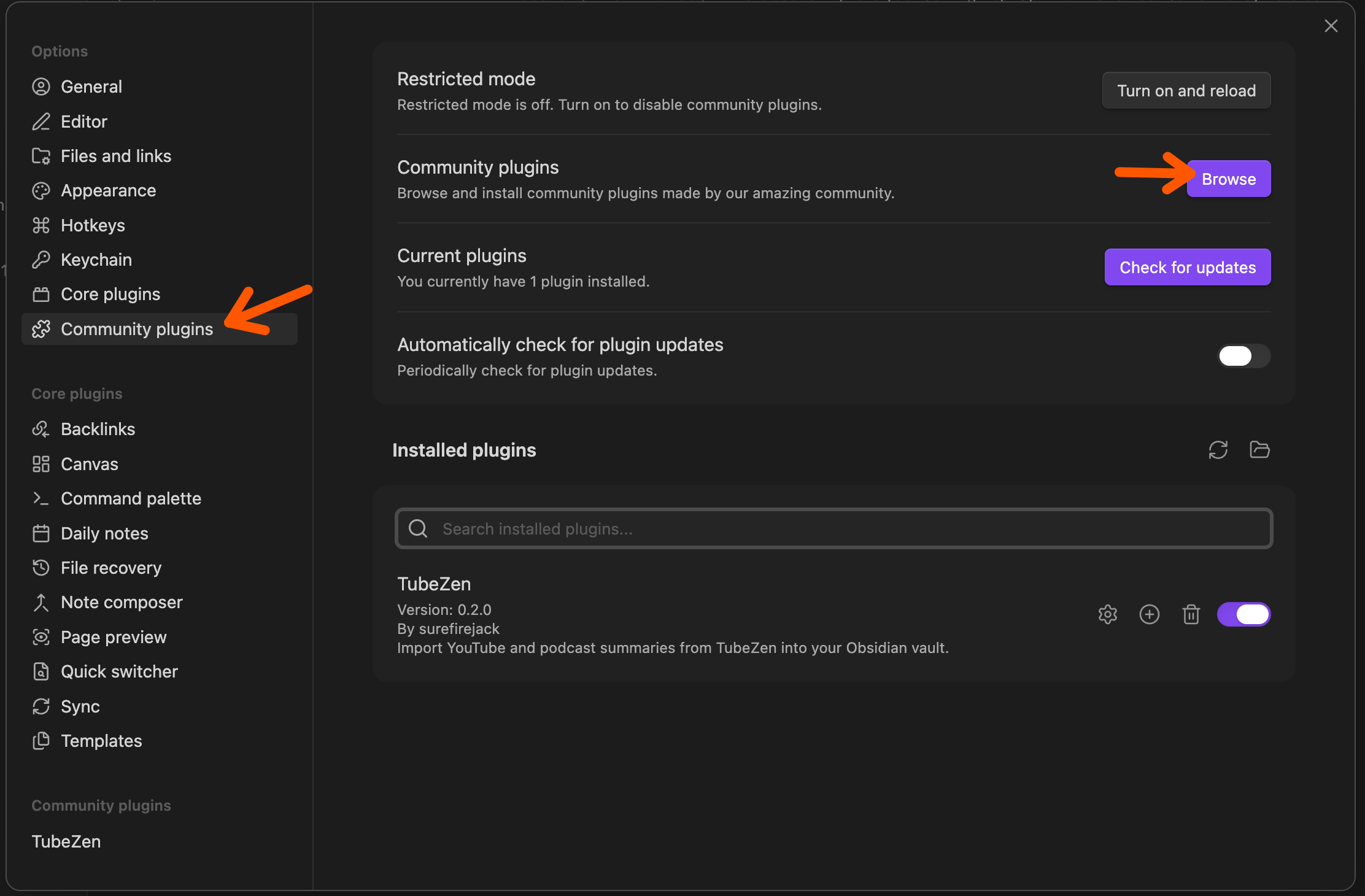 Finding the TubeZen plugin in Obsidian's Community plugins