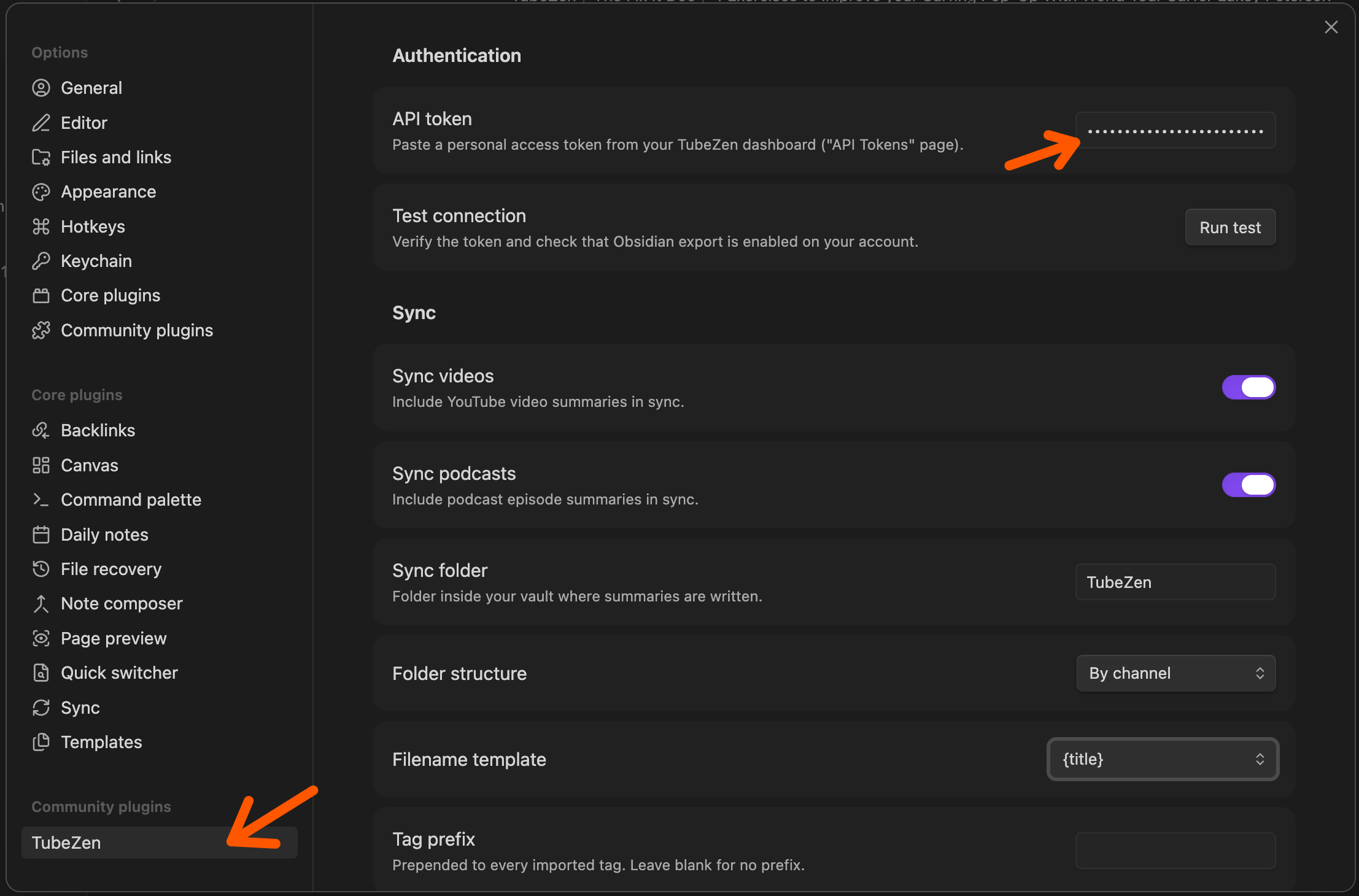 Pasting the token and configuring sync in the plugin settings