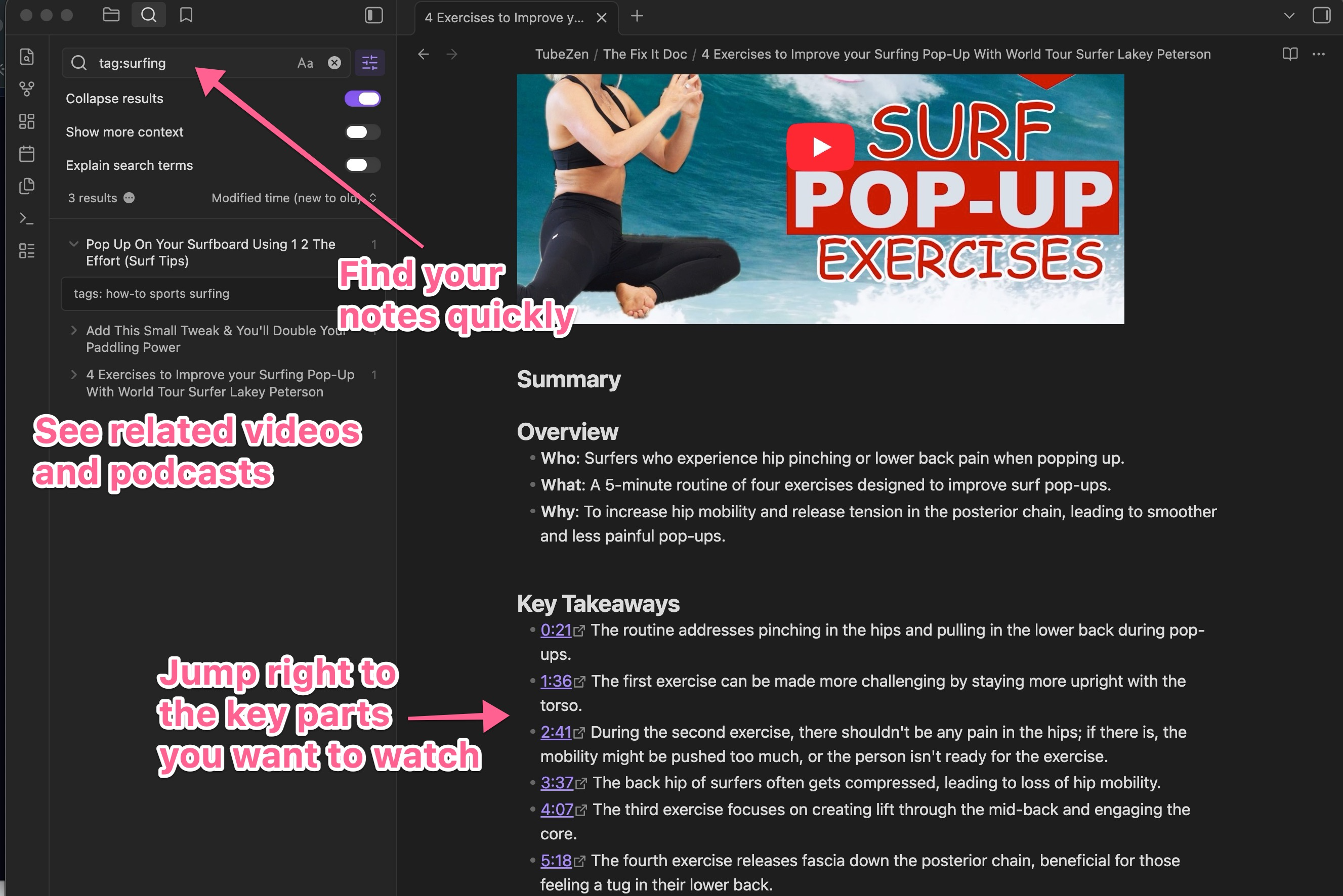 Searching summaries by tag and jumping to timestamps in Obsidian