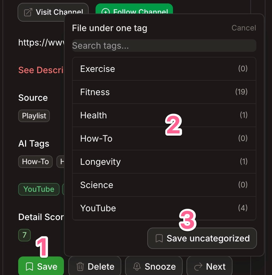 The Save button and the File under one tag popup