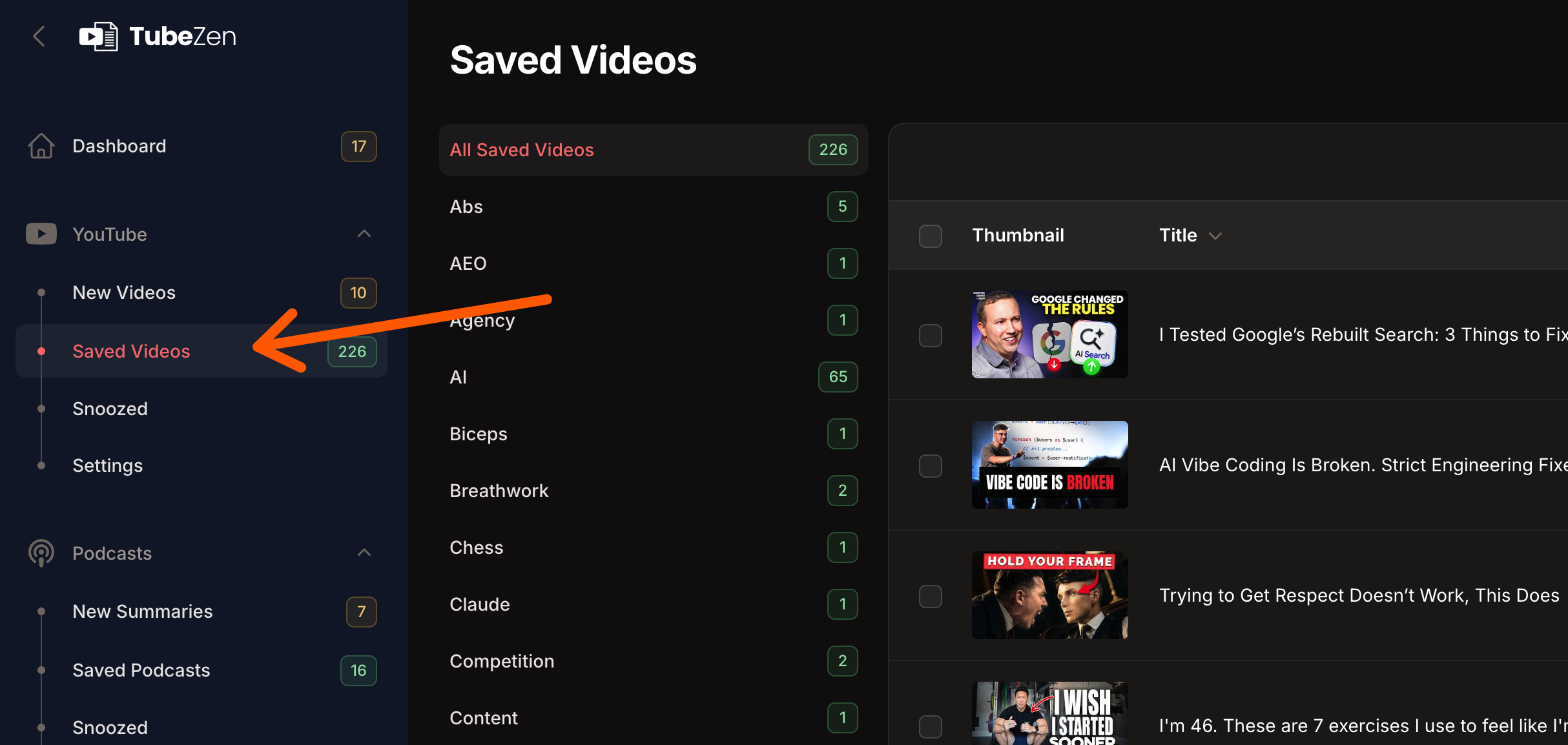 The Saved Videos page with the tag sidebar and video list