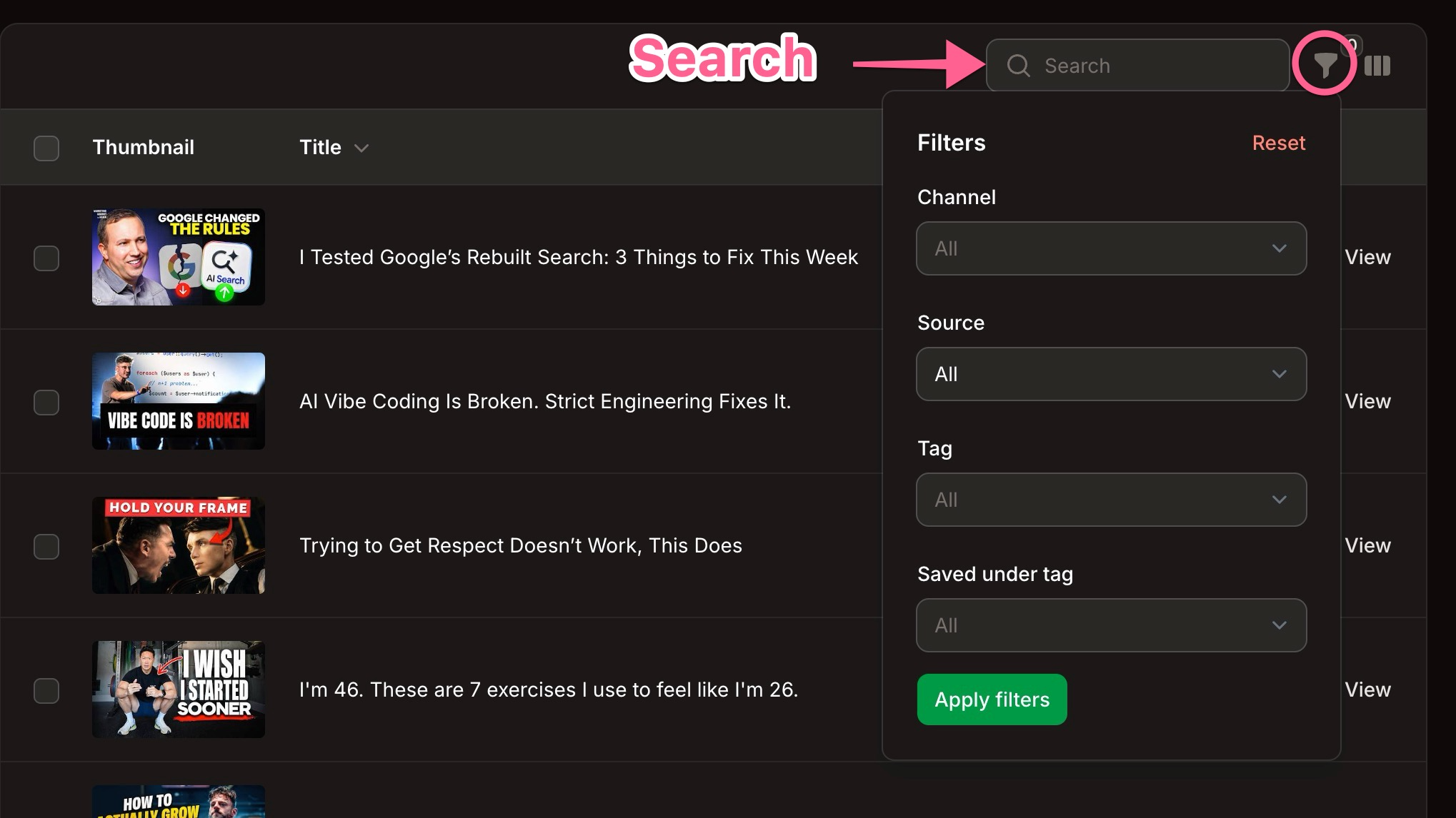 The search box and filter panel on the Saved Videos page