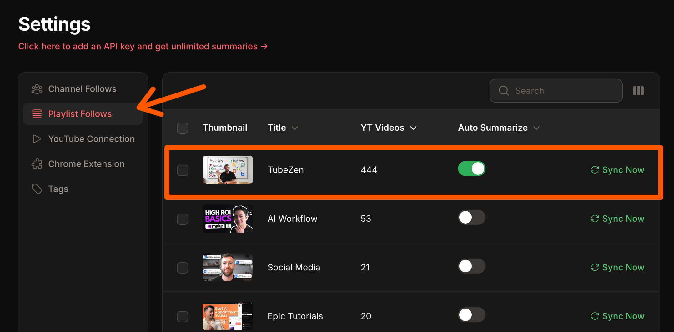 Toggle Auto Summarize on a playlist