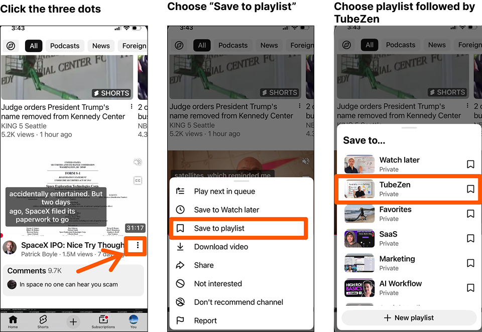 Saving a video to your playlist on mobile